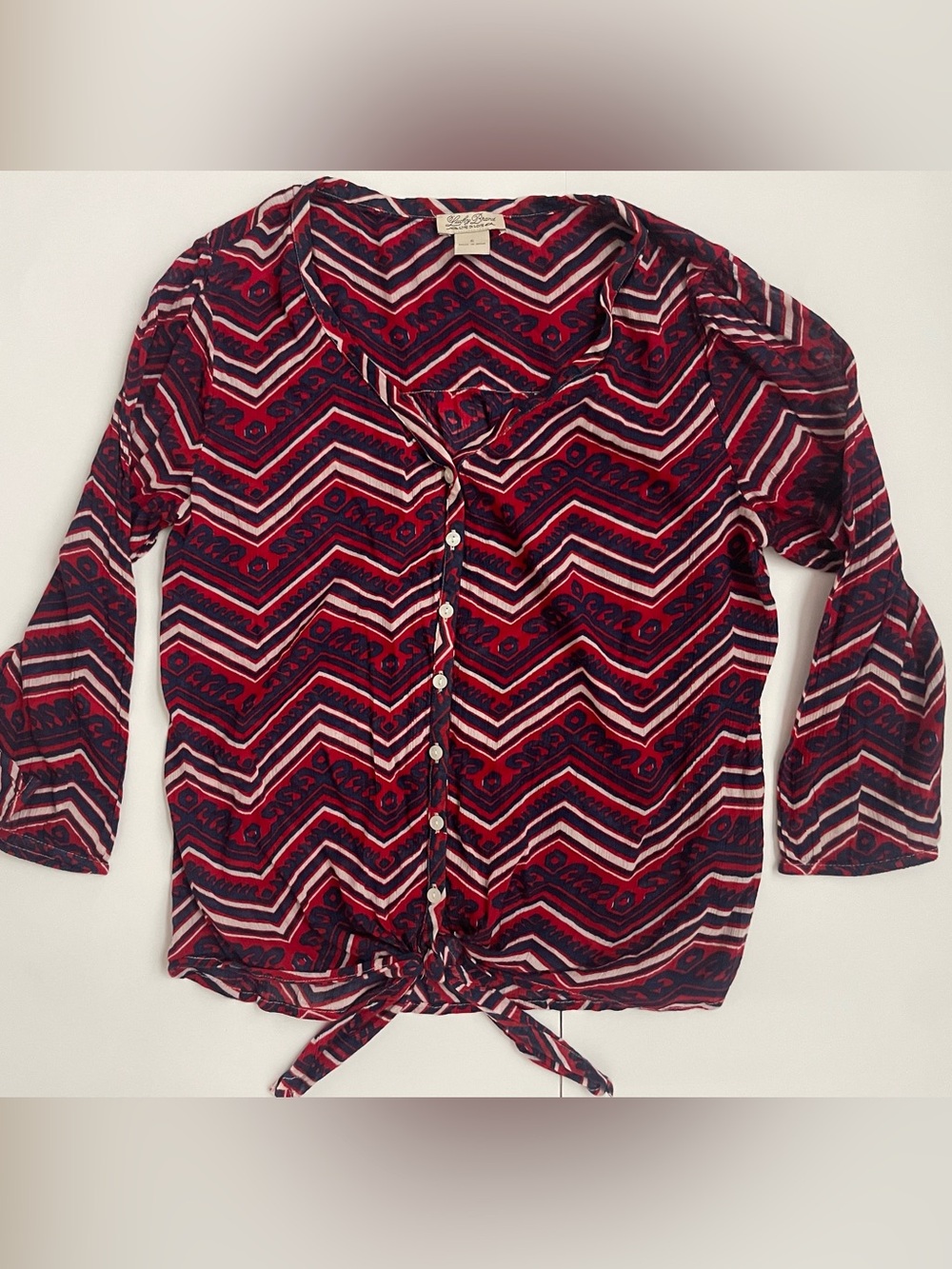 Lucky Brand Red Navy Boho Tie Front Bell Sleeve Blouse Size Small